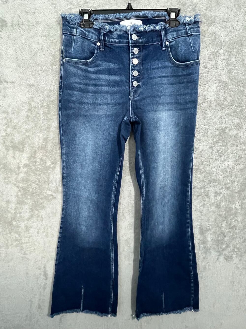 Kancan Flare Leg Jeans Size 13/30 High Rise Button Fly Fringe Boho Hippie